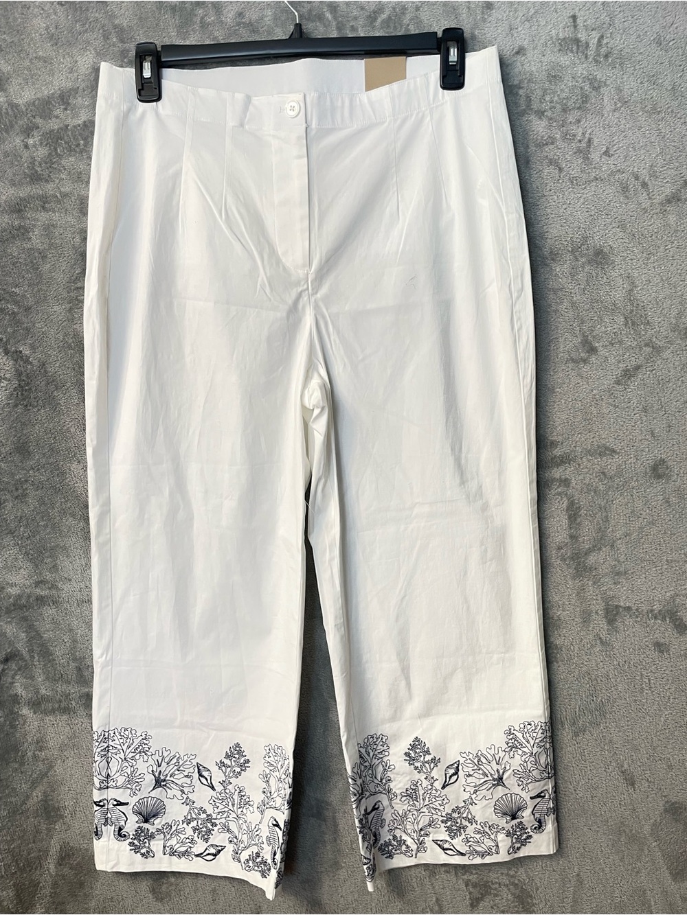 Chico's White Ankle Pants with Navy Nautical Hem Embroidery Size 12
